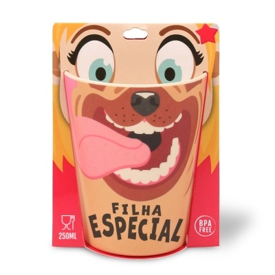 recipiente para bebida 250 ml com design de cão e texto FILHA ESPECIAL