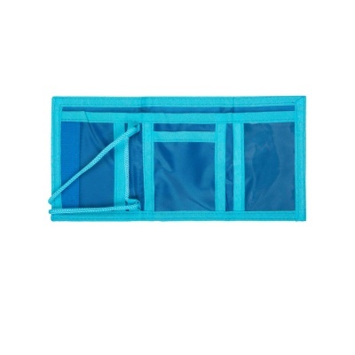 Carteira azul de tecido sintético com três compartimentos