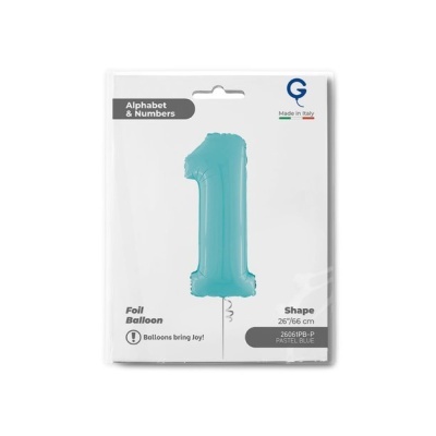 Balão azul pastel em forma de número 1 em embalagem branca