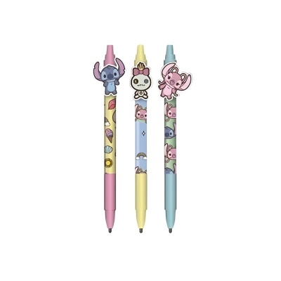 Três canetas coloridas com personagens de desenhos animados no topo