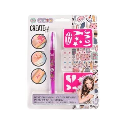 Conjunto CREATE It! canetas para tatuagens temporárias perfumadas com moldes rosa em embalagem branca decorada