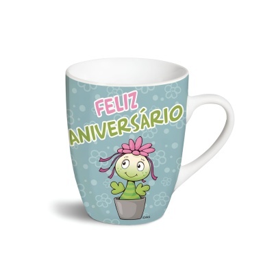 Caneca azul com desenho de planta sorridente e texto 'FELIZ ANIVERSÁRIO'.