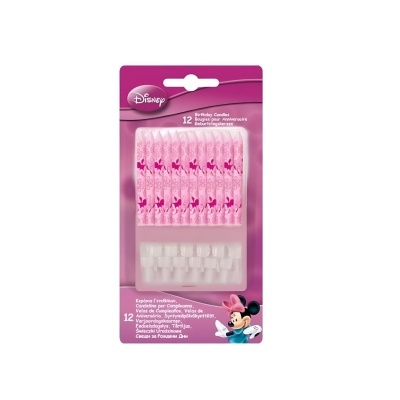 Pack de velas de aniversário Disney cor-de-rosa com suporte branco e embalagem roxa com Minnie Mouse