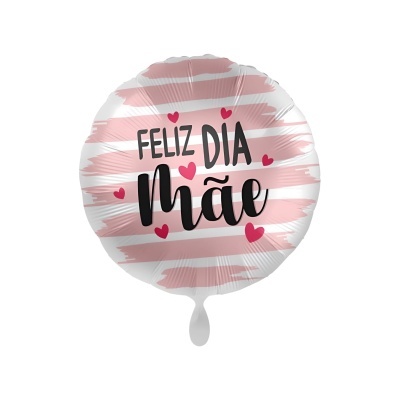 Balão redondo rosa e branco com texto 'FELIZ DIA MÃE' e corações