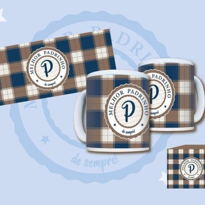 Canecas xadrez azul e castanho com selo 