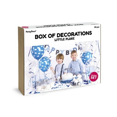 Caixa de decoração para festa com balões e crianças