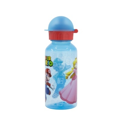 Garrafa de água azul com personagens Super Mario