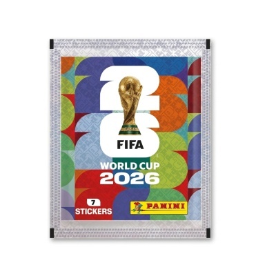 Pacote Panini FIFA World Cup 2026 com 7 autocolantes coloridos e troféu FIFA