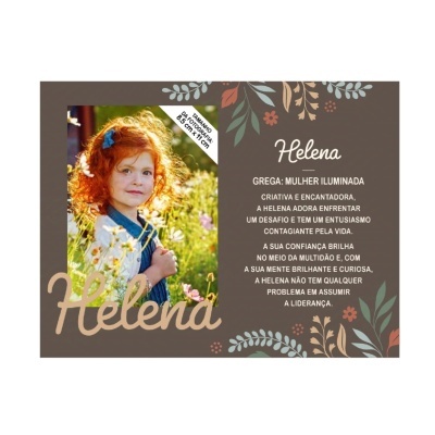 Cartão com foto de menina ruiva em campo e texto sobre a personalidade Helena