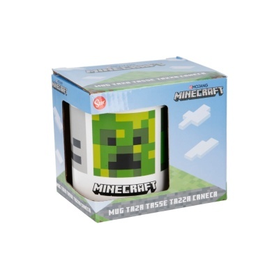 Caneca branca Minecraft com personagem pixelizado verde na caixa azul