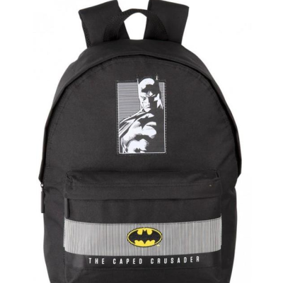 Mochila preta com design de Batman, logótipo e texto 