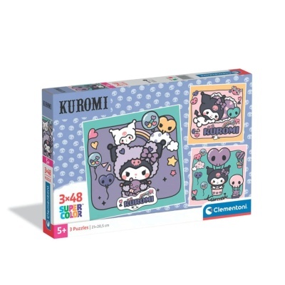 Caixa de puzzles Kuromi com 3 puzzles de 48 peças cada, personagem Kuromi e padrão de caveiras