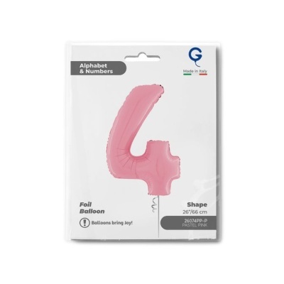 Pacote com balão de folha cor de rosa em forma do número 4.