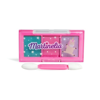 Paleta de sombras infantil com três cores e pincel aplicador