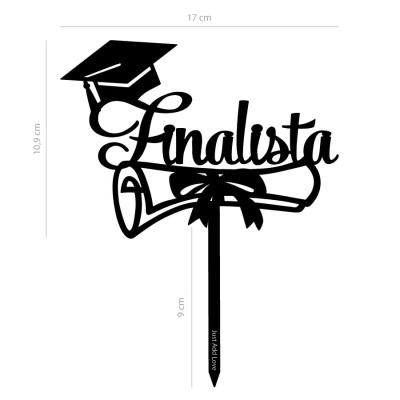 Topo de bolo preto com texto Finalista, chapéu de formatura e diploma com laço.