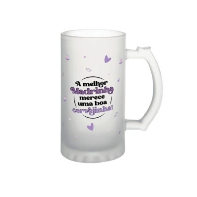 Caneca de vidro fosco branca com texto e decorações em roxo