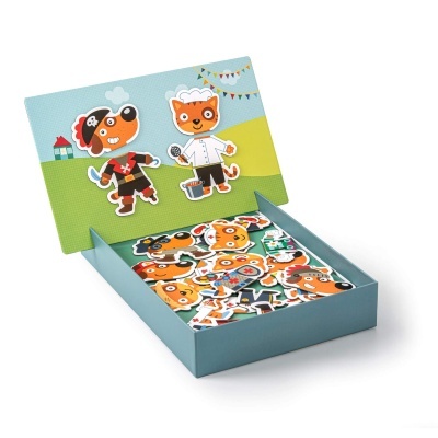 Jogo magnético infantil de animais em caixa azul com fundo ilustrado