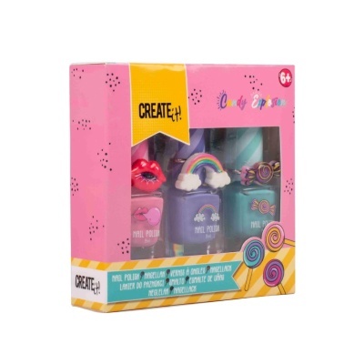 Caixa rosa com três vernizes para unhas com tampas decoradas e texto CREATE! e Candy Explosion