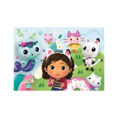 Desenho de rapariga com orelhas de gato e gatos animados em paisagem colorida