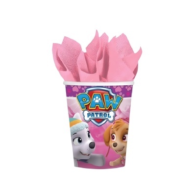 Copo descartável de papel com personagem PAW Patrol e guardanapos rosa