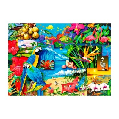 Imagem colorida de papagaios, flamingos, flores tropicais, praia e plantas