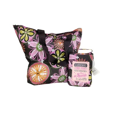 Conjunto de bolsa e porta-copo com padrão floral colorido