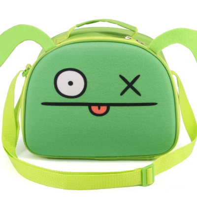 Bolsa térmica verde com rosto divertido e alça amarela