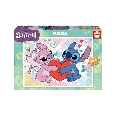 Caixa de puzzle Disney Stitch com 500 peças, personagens Stitch e Angel com coração vermelho