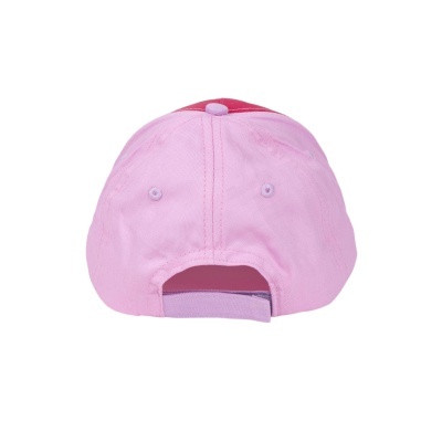 Boné rosa e vermelho visto por trás com fecho ajustável