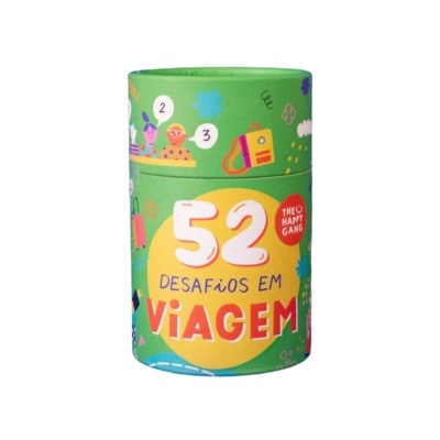 Frasco cilíndrico verde com texto e ilustrações coloridas