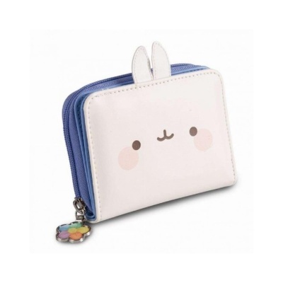 Carteira branca com orelhas de coelho e fecho azul, com puxador de flor colorida