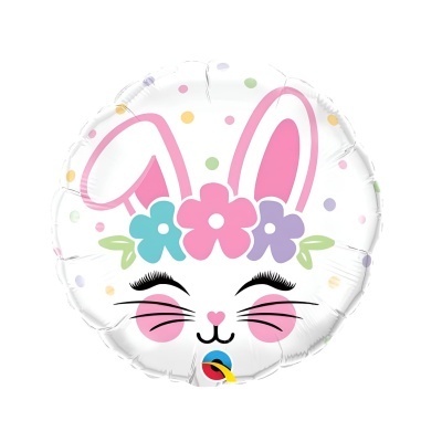 Balão metálico redondo com rosto de coelhinho e flores coloridas