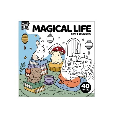 Capa de livro para colorir com desenho de animais, livros, almofadas e lanterna, texto MAGICAL LIFE.