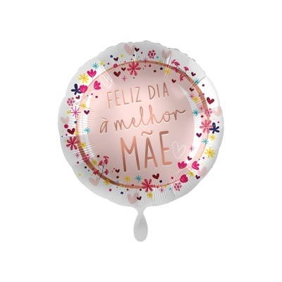 Balão redondo metalizado rosa com flores e texto para o Dia da Mãe