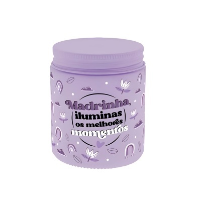 Frasco lilás com texto e desenhos decorativos