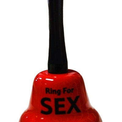 Campainha vermelha com pega preta e texto preto 'Ring For SEX'