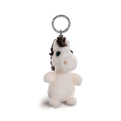 Porta-chaves de peluche em forma de cavalo branco com crina castanha