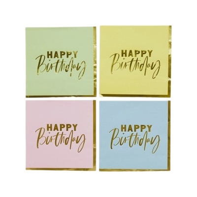 Cartões de aniversário em cores pastel com texto dourado