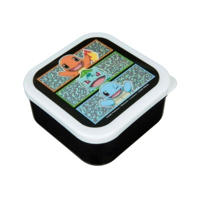 Recipiente de plstico negro com tampa branca e imagens de Pokémon brilhantes
