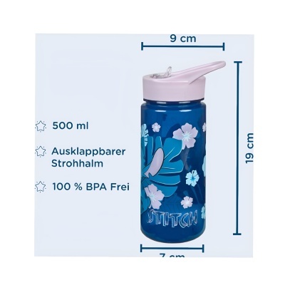 Garrafa de bebida azul com tampa rosa e decoração floral, texto Stitch e medidas indicadas