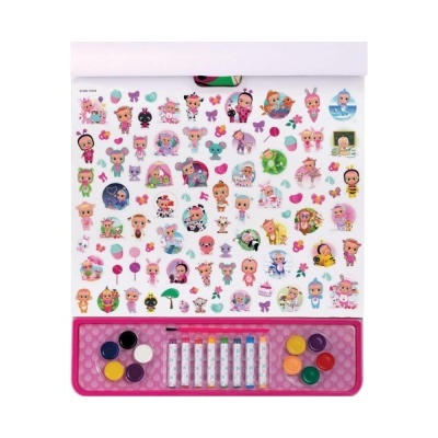 Folha de autocolantes com personagens coloridos e estojo rosa com tintas e marcadores