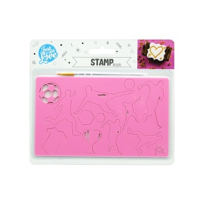 Molde de carimbo acrílico rosa com formas relacionadas com futebol e embalagem branca.