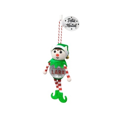 Boneco decorativo de Natal em tecido verde, vermelho e branco com etiqueta Feliz Natal