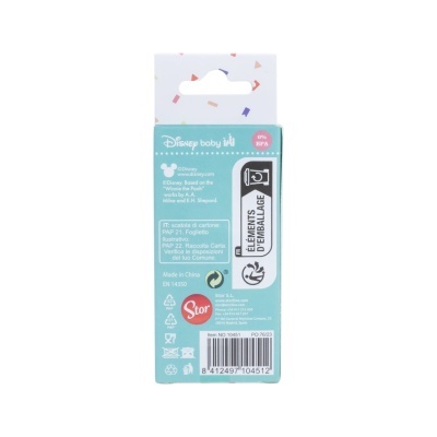 Embalagem azul e branca Disney baby com texto, símbolos e código de barras