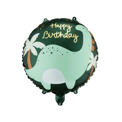 Balão redondo verde com dinossauro e texto Happy Birthday