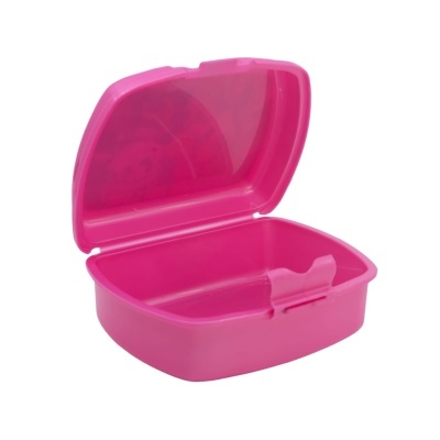 Marmita rosa de plástico com tampa transparente aberta