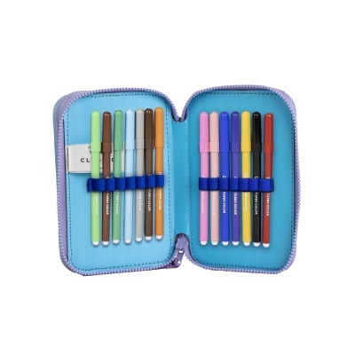 Estojo azul aberto com canetas coloridas e zíper lilás