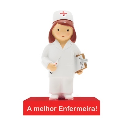 Figura decorativa de enfermeira com bata branca e base vermelha com texto