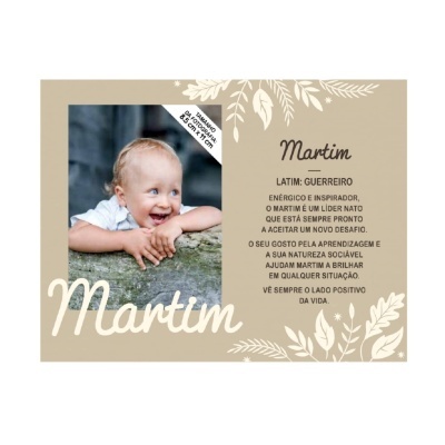 Cartão personalizado com nome Martim, foto de bebé e significado do nome em português