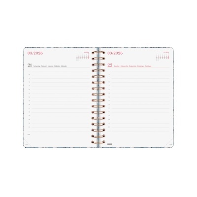 Agenda aberta mostrando datas 21 e 22 de março de 2026 com linhas para anotações.